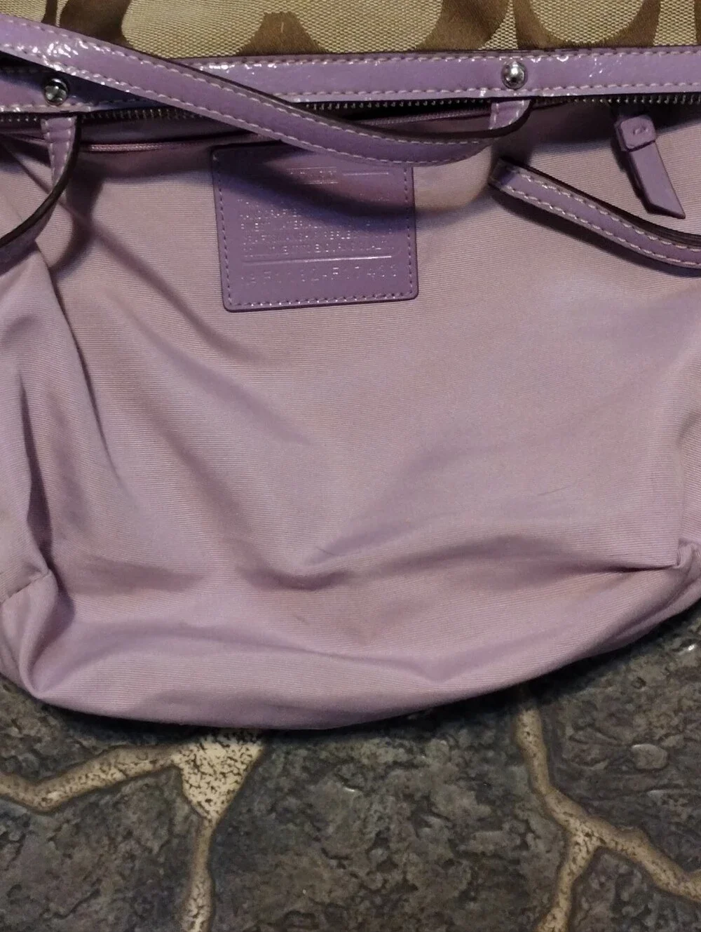 COACH Signature Logo Stripe handbag khaki purple double leather handles VINTAGE